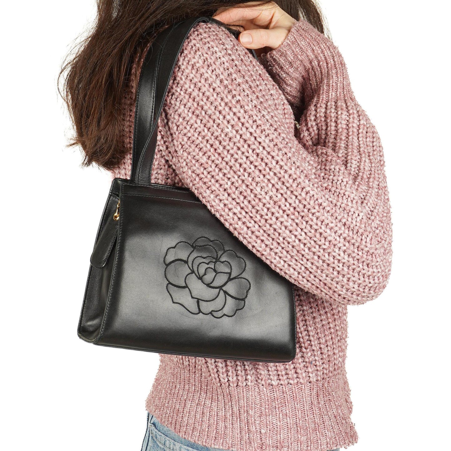 Chanel Camellia Top-Handle-Tasche aus schwarzem Leder