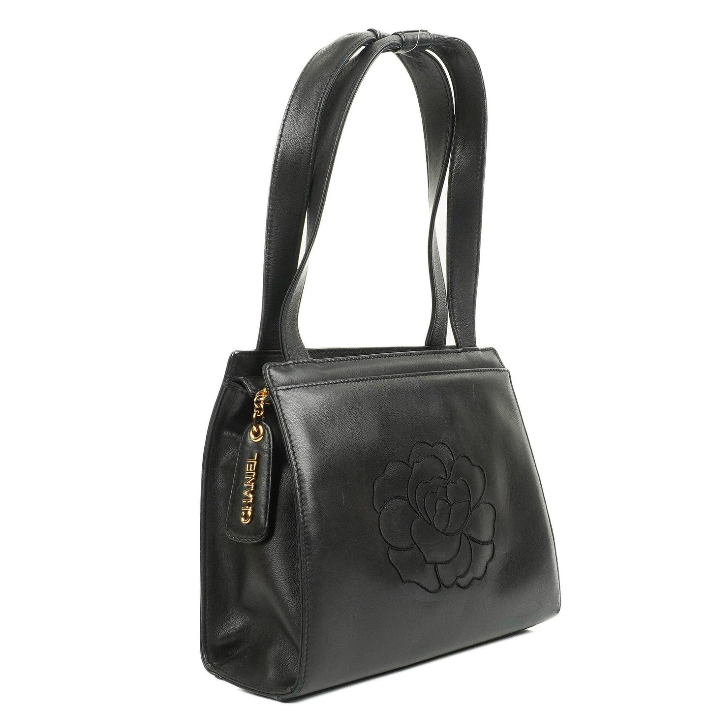 Chanel Camellia Top-Handle-Tasche aus schwarzem Leder