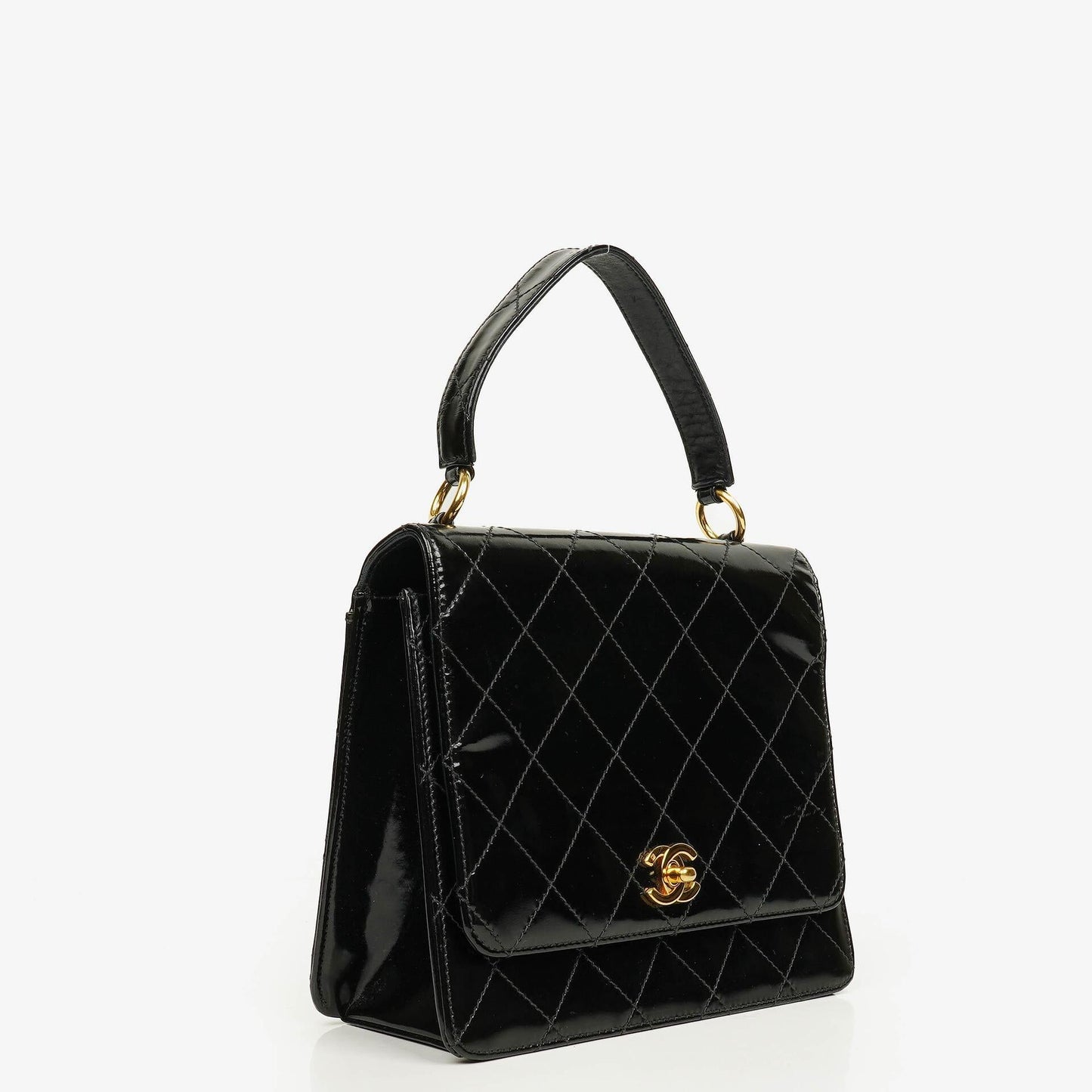 Chanel Schwarze gesteppte Lackleder-Top-Handle-Klappentasche mit 24K vergoldeter Hardware