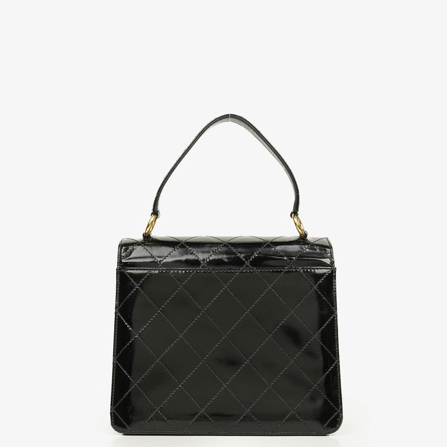 Chanel Schwarze gesteppte Lackleder-Top-Handle-Klappentasche mit 24K vergoldeter Hardware