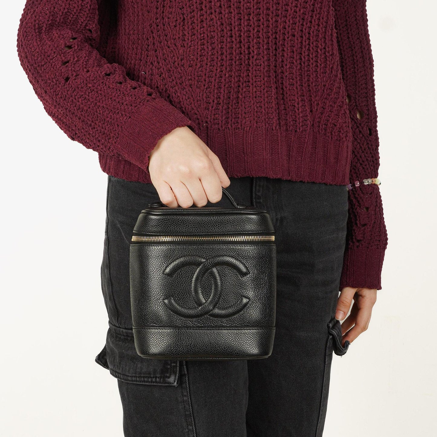Chanel Vanity Case aus schwarzem gestepptem Kaviarleder