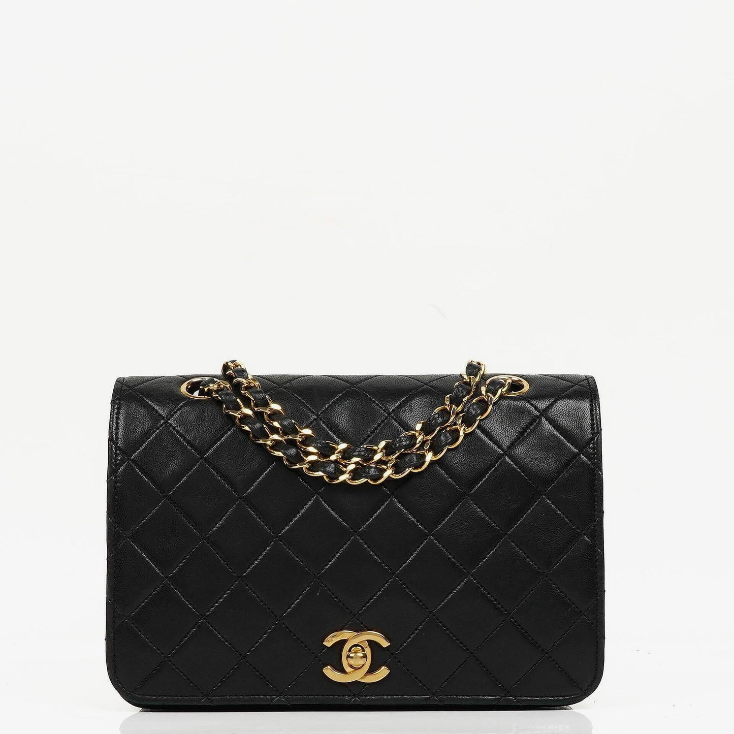 Chanel Full Flap Tasche aus schwarzem gestepptem Lammleder mit 24K Beschlägen