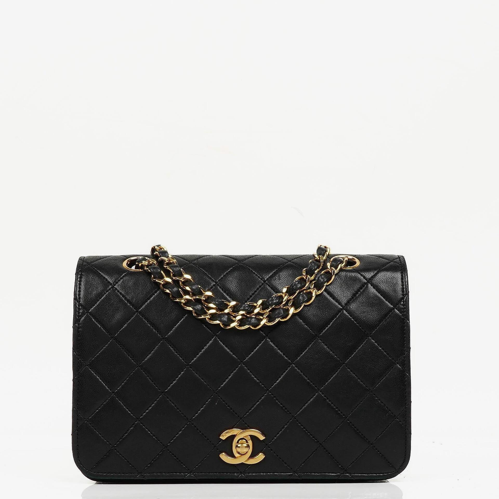 Chanel Full Flap Tasche aus schwarzem gestepptem Lammleder mit 24K Beschlägen