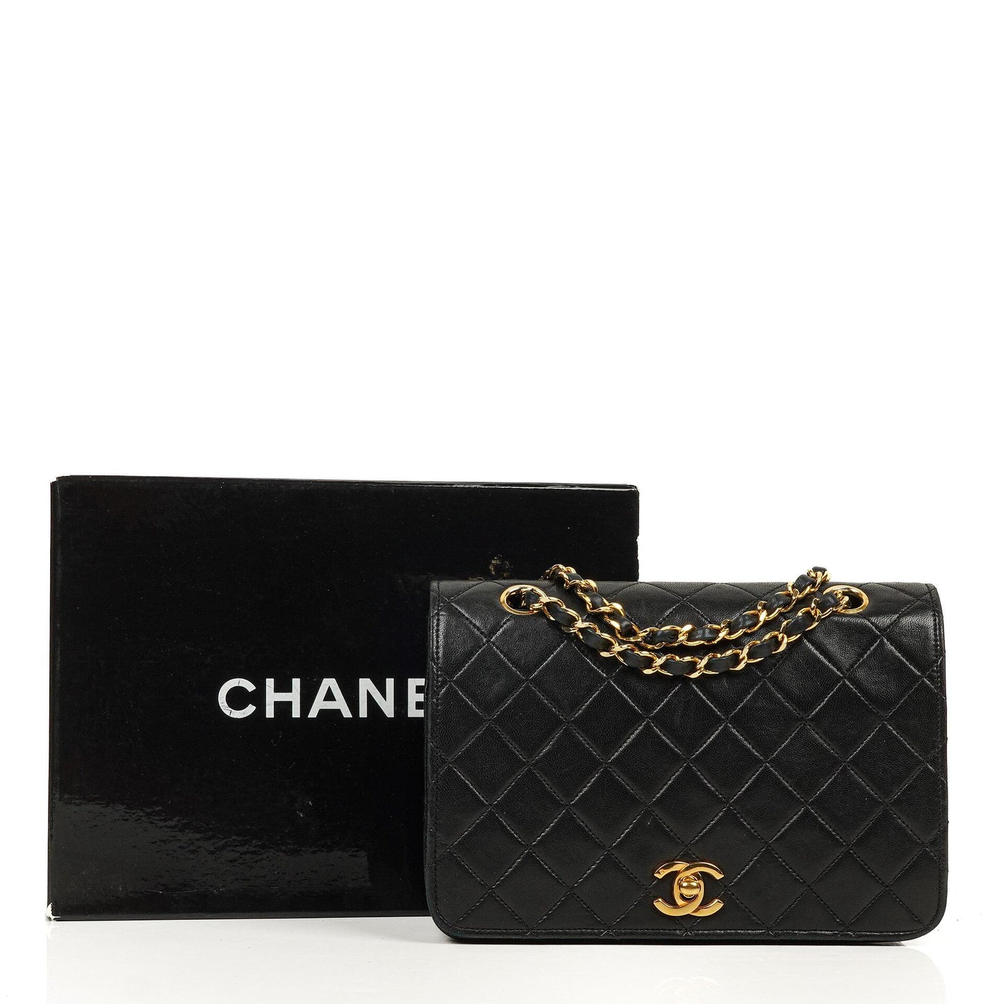 Chanel Full Flap Tasche aus schwarzem gestepptem Lammleder mit 24K Beschlägen