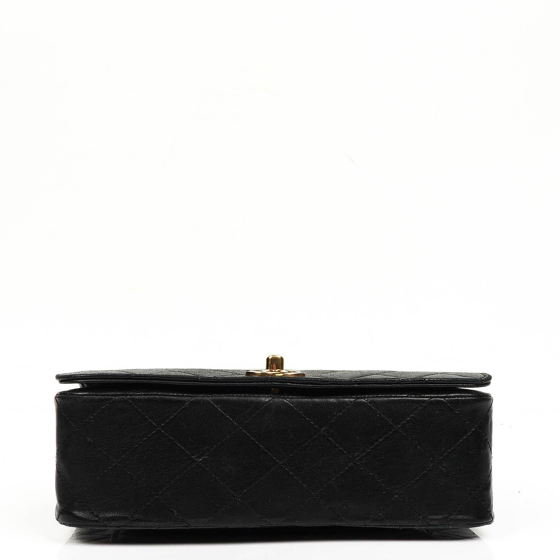 Chanel Full Flap Tasche aus schwarzem gestepptem Lammleder mit 24K Beschlägen