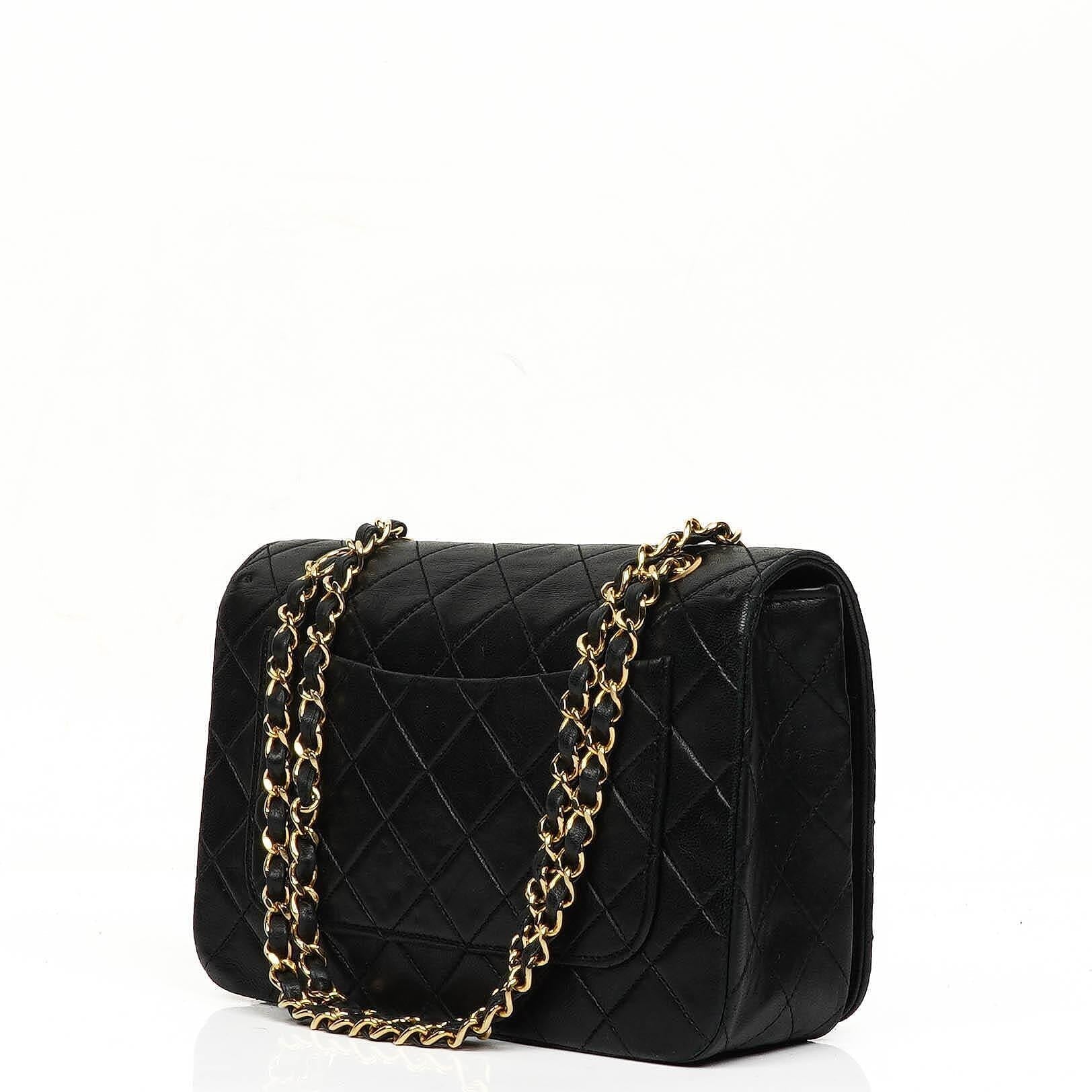 Chanel Full Flap Tasche aus schwarzem gestepptem Lammleder mit 24K Beschlägen