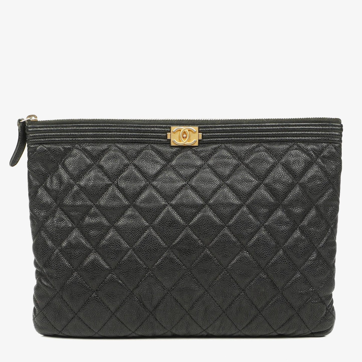 Chanel Boy Medium Clutch aus schwarzem gestepptem Caviar Leder
