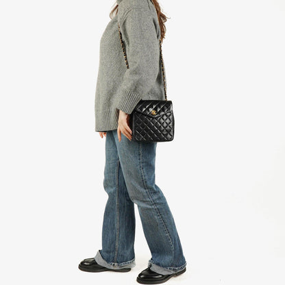 Chanel Square Single Flap Tasche aus schwarzem gestepptem Leder