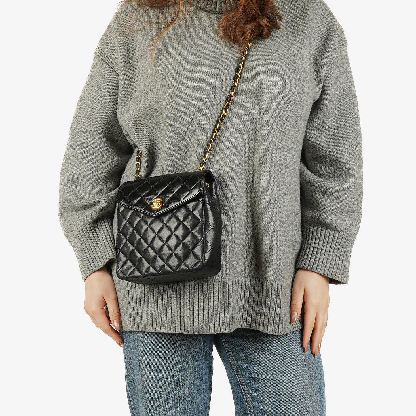 Chanel Square Single Flap Tasche aus schwarzem gestepptem Leder
