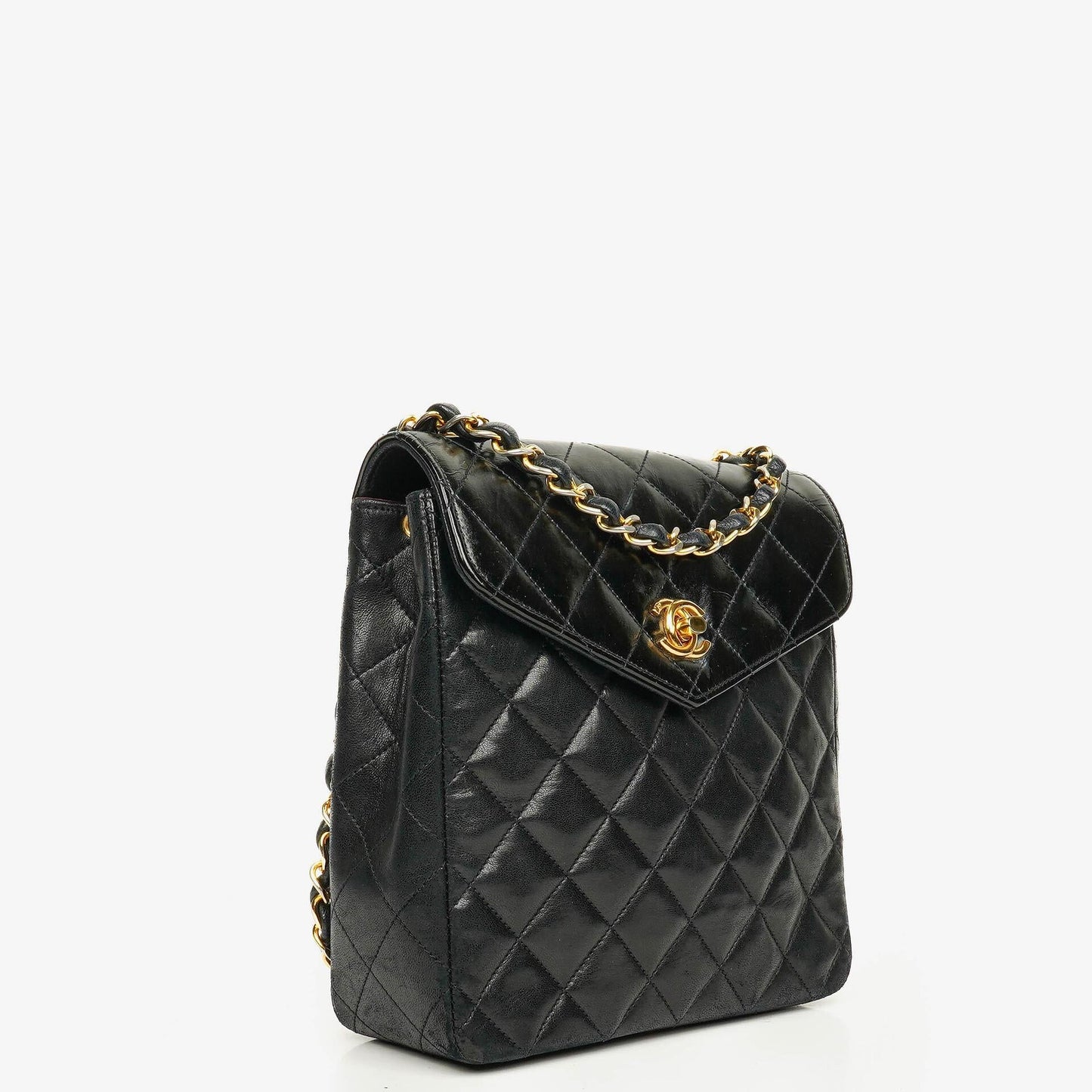 Chanel Square Single Flap Tasche aus schwarzem gestepptem Leder