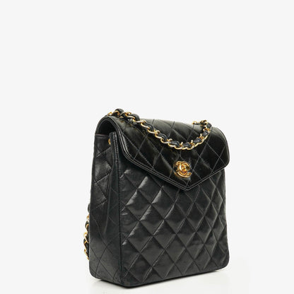 Chanel Square Single Flap Tasche aus schwarzem gestepptem Leder