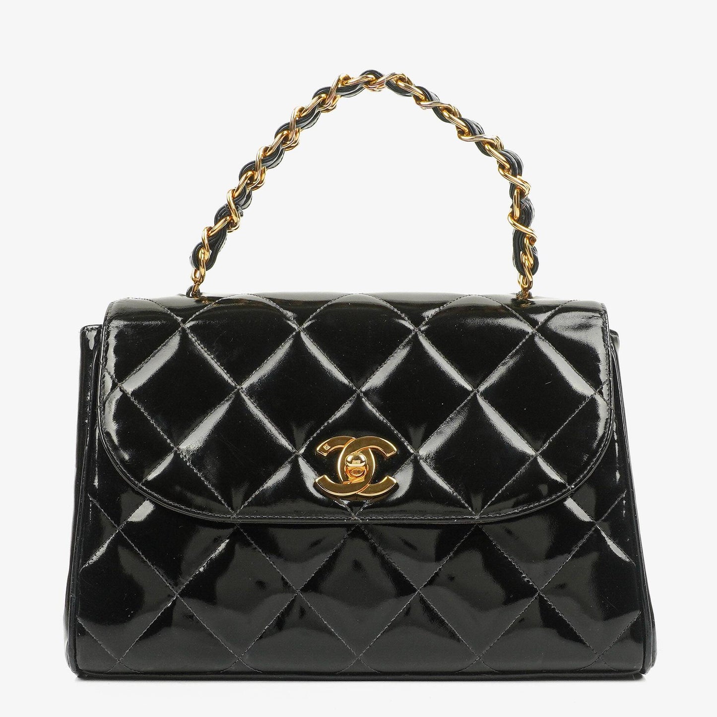 Chanel CC Flap Doppelketten-Tasche aus schwarzem gestepptem Patentleder