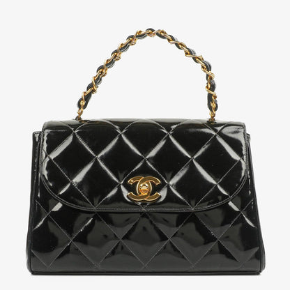 Chanel CC Flap Doppelketten-Tasche aus schwarzem gestepptem Patentleder