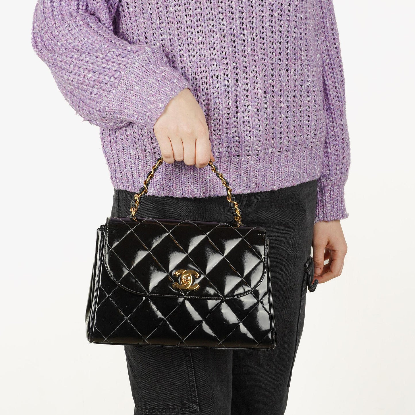 Chanel CC Flap Doppelketten-Tasche aus schwarzem gestepptem Patentleder