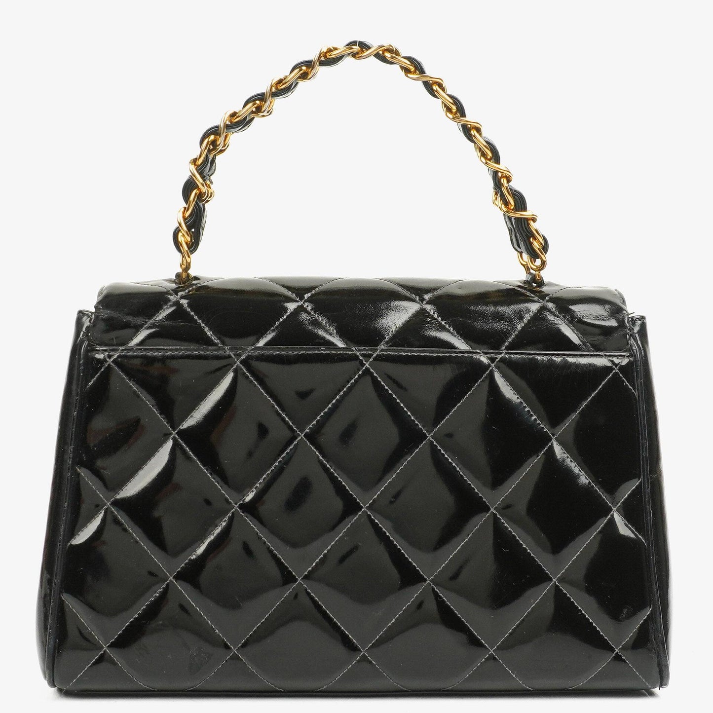 Chanel CC Flap Doppelketten-Tasche aus schwarzem gestepptem Patentleder