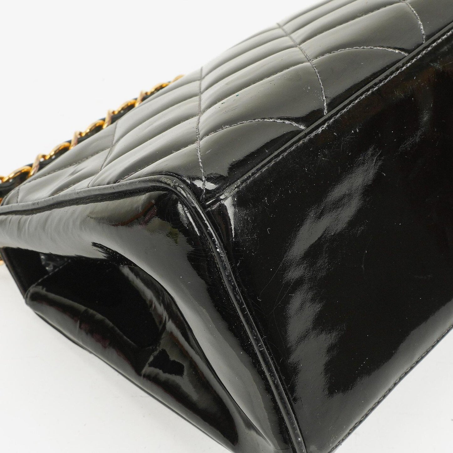 Chanel CC Flap Doppelketten-Tasche aus schwarzem gestepptem Patentleder
