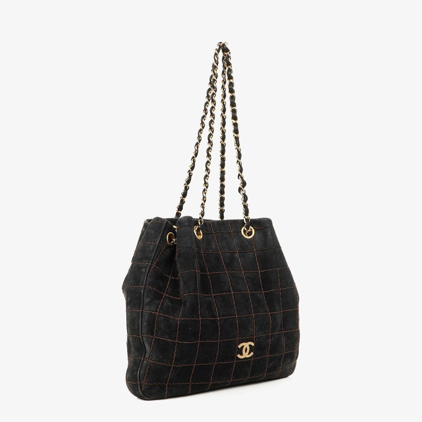 Chanel Chocolate Bar Kordelzug-Tote aus schwarzem gestepptem Wildleder