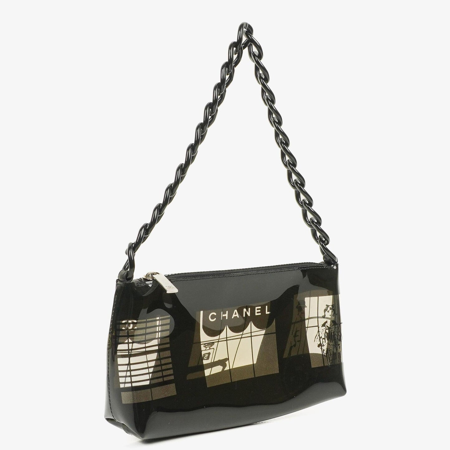 Chanel Schultertasche aus schwarzem Vinyl mit Maison-Fensterdruck, 2003-2004