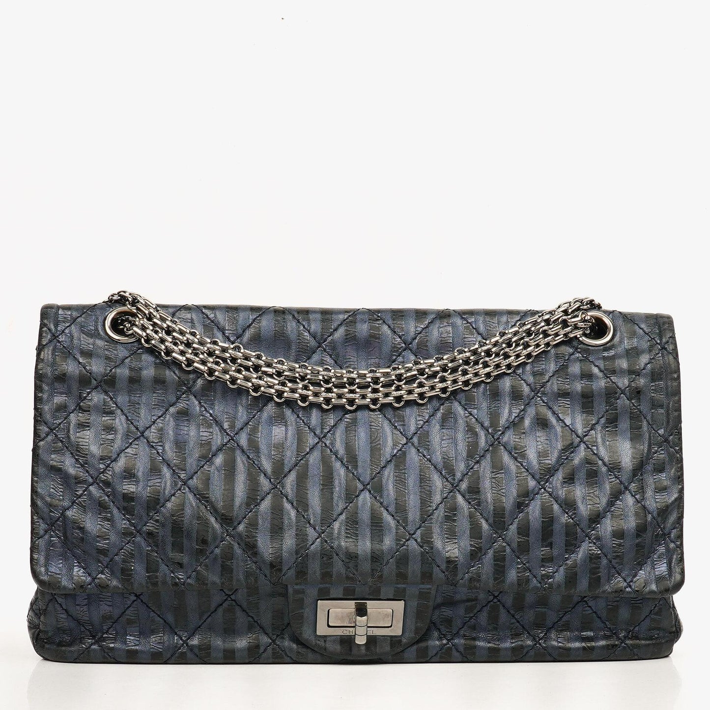 Chanel 2.55 Reissue 227 Jumbo Flap Tasche in Blau Metallic gestreiftem gestepptem Kalbsleder