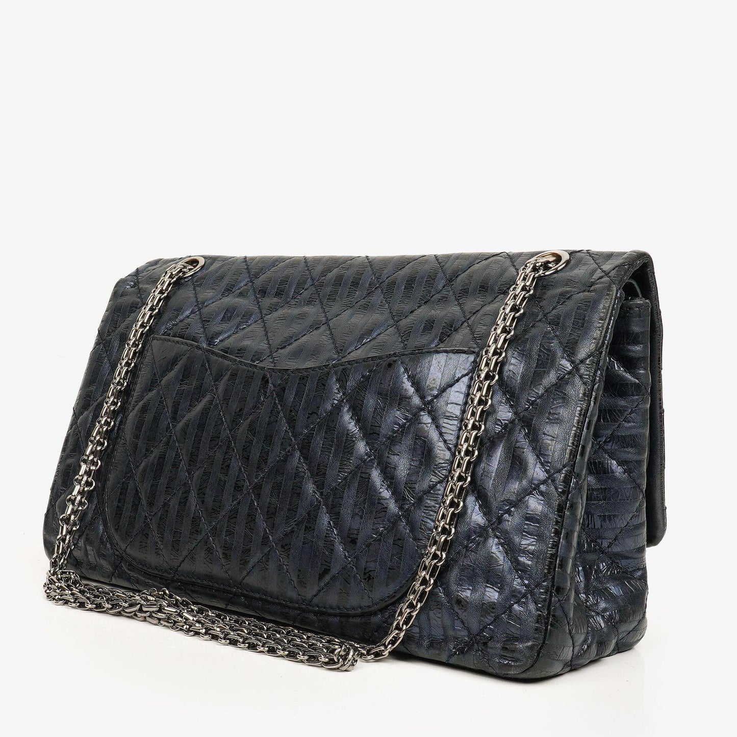 Chanel 2.55 Reissue 227 Jumbo Flap Tasche in Blau Metallic gestreiftem gestepptem Kalbsleder