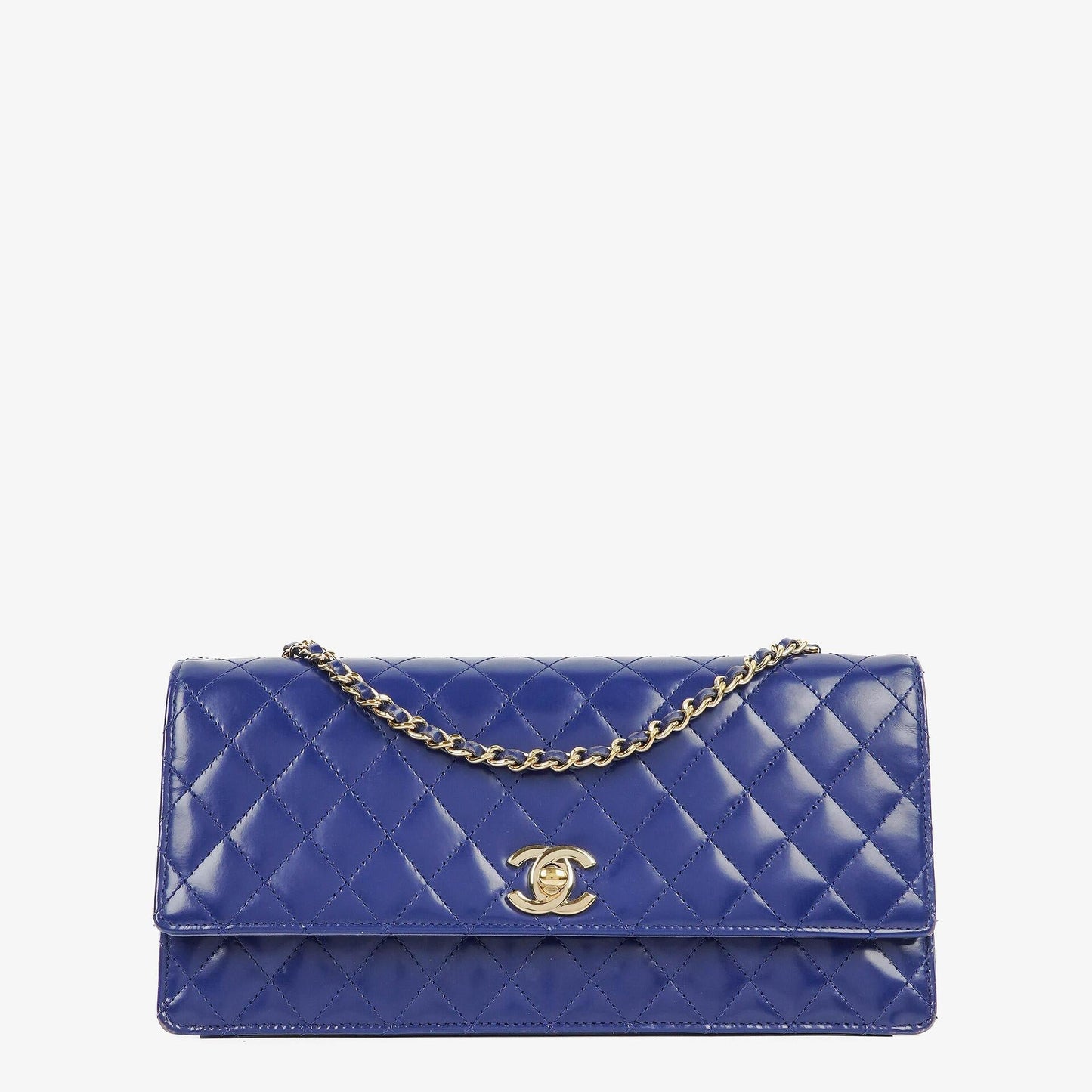 Chanel Blue Steppierte Lackleder Lange Flap-Tasche