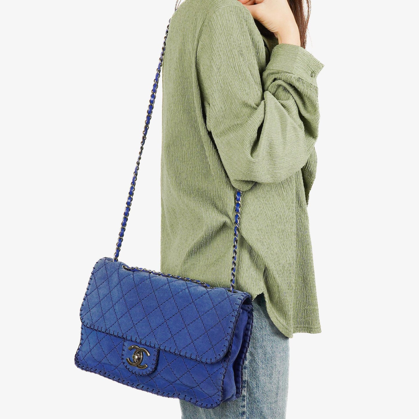 Chanel Large Flap Tasche aus blauem gestepptem Wildleder mit Whipstitch