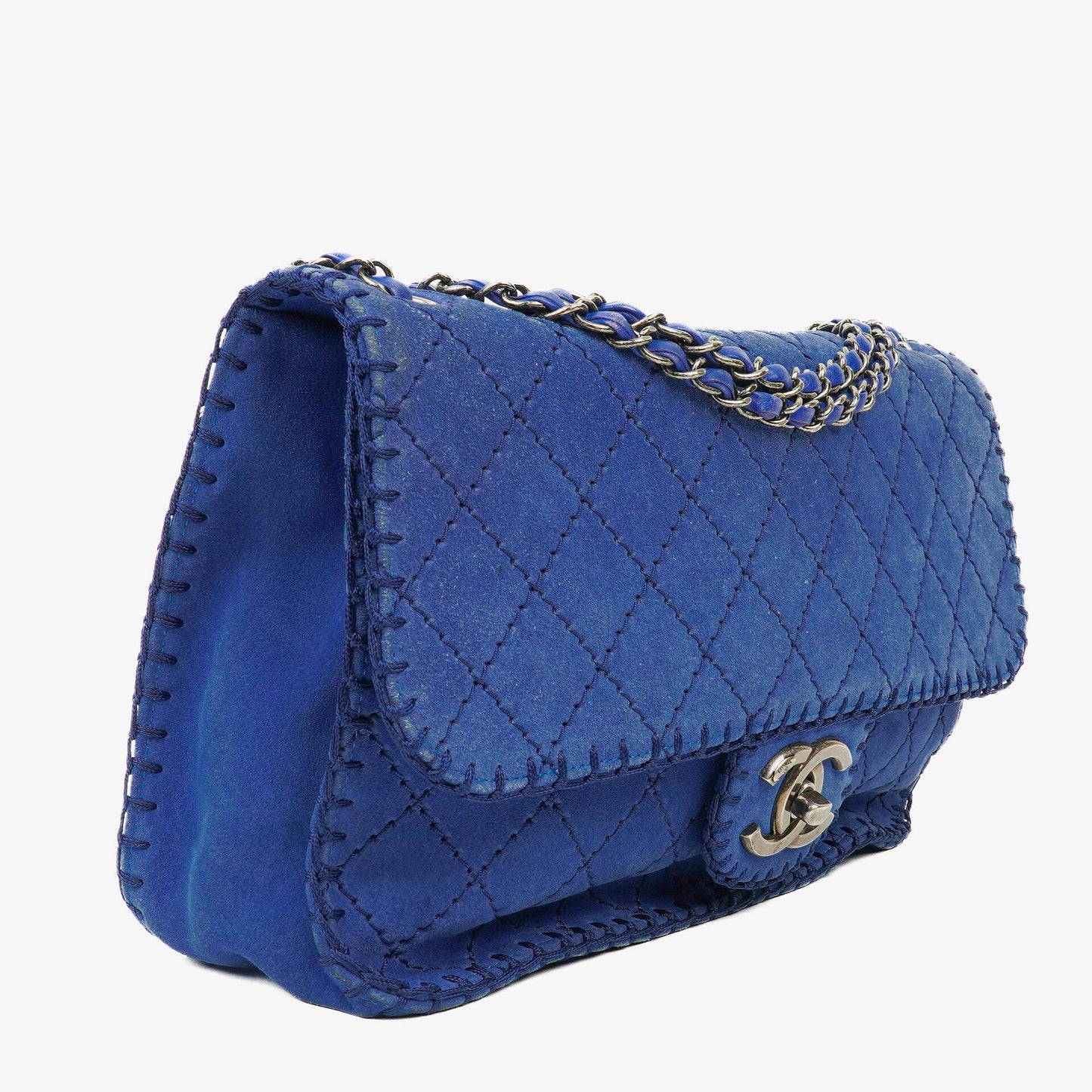 Chanel Large Flap Tasche aus blauem gestepptem Wildleder mit Whipstitch