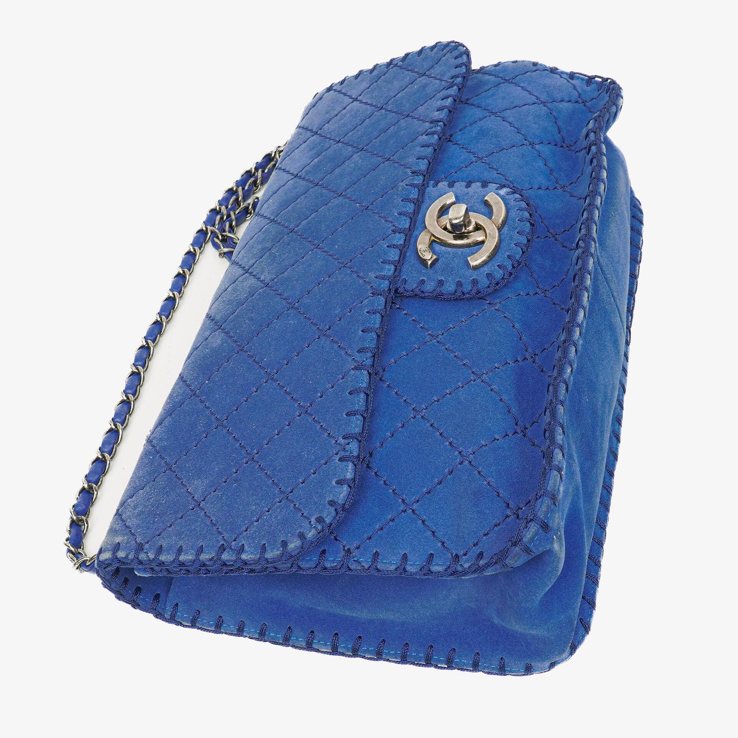 Chanel Large Flap Tasche aus blauem gestepptem Wildleder mit Whipstitch