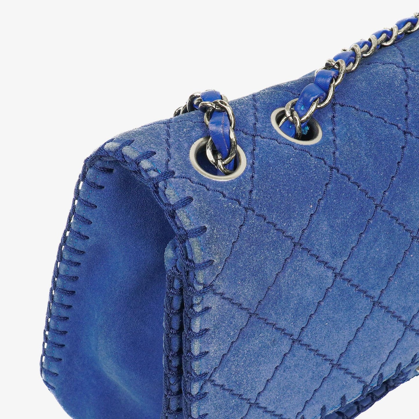 Chanel Large Flap Tasche aus blauem gestepptem Wildleder mit Whipstitch