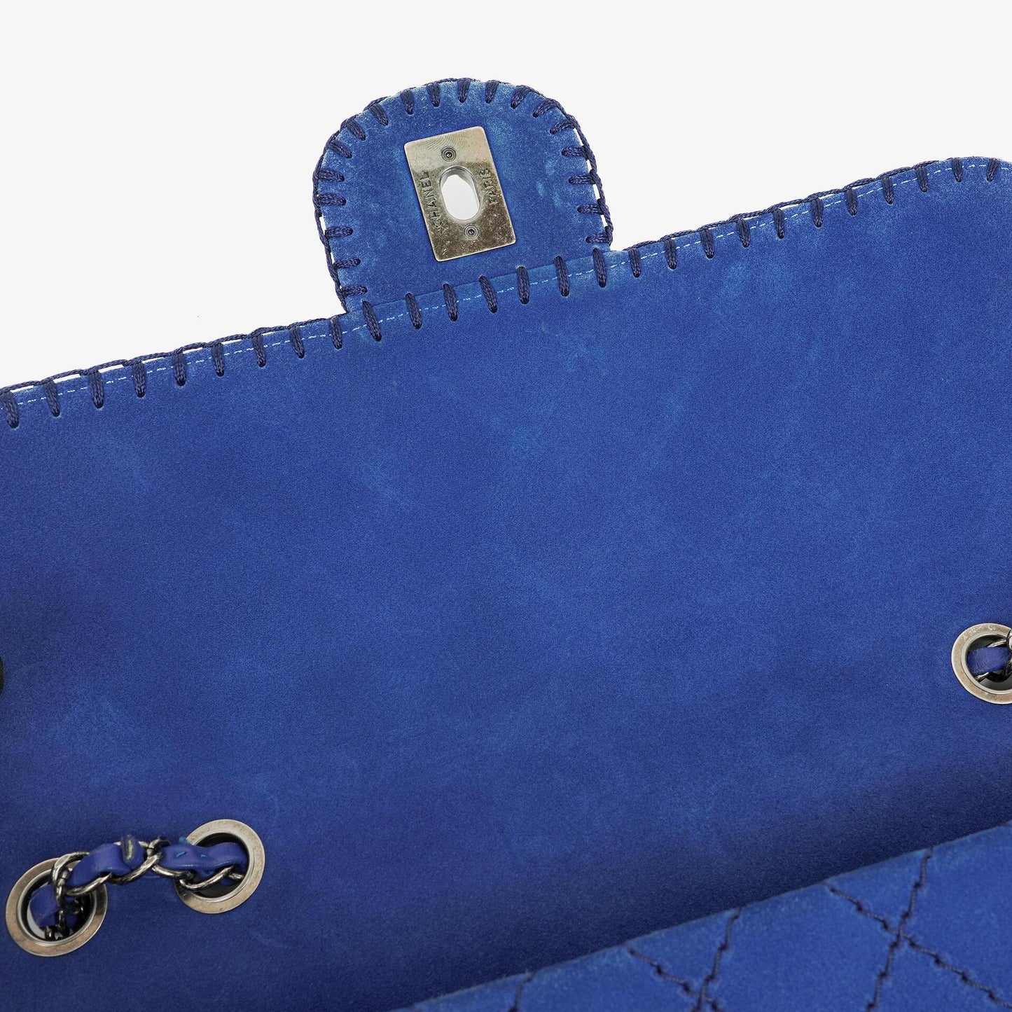 Chanel Large Flap Tasche aus blauem gestepptem Wildleder mit Whipstitch