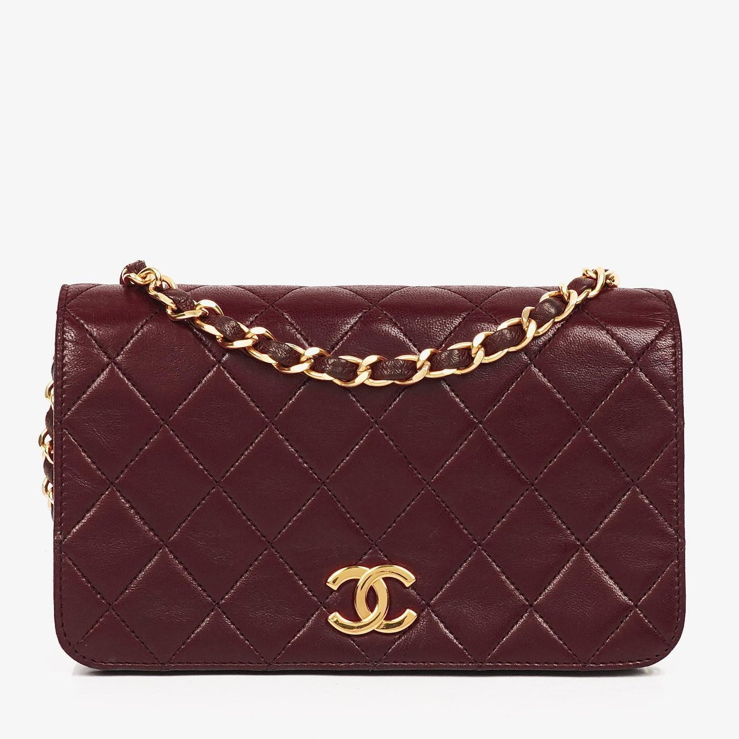 Chanel Mini Classic WOC Full Flap Geldbörse mit Kette aus gestepptem bordeauxfarbenem Lammleder mit 24K vergoldeter Hardware