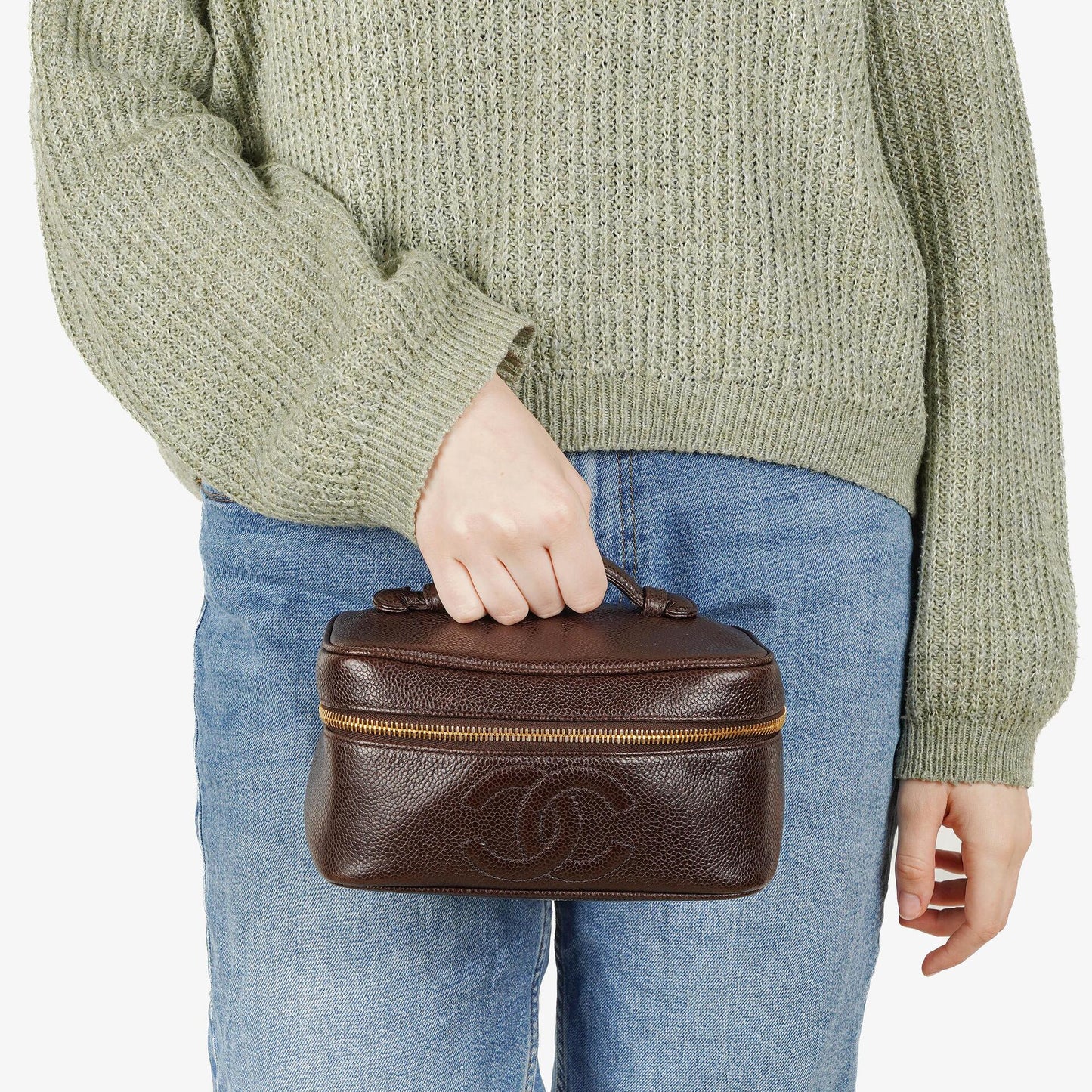 Chanel Braun Caviar Gestepptes Leder Timeless Kosmetiktasche