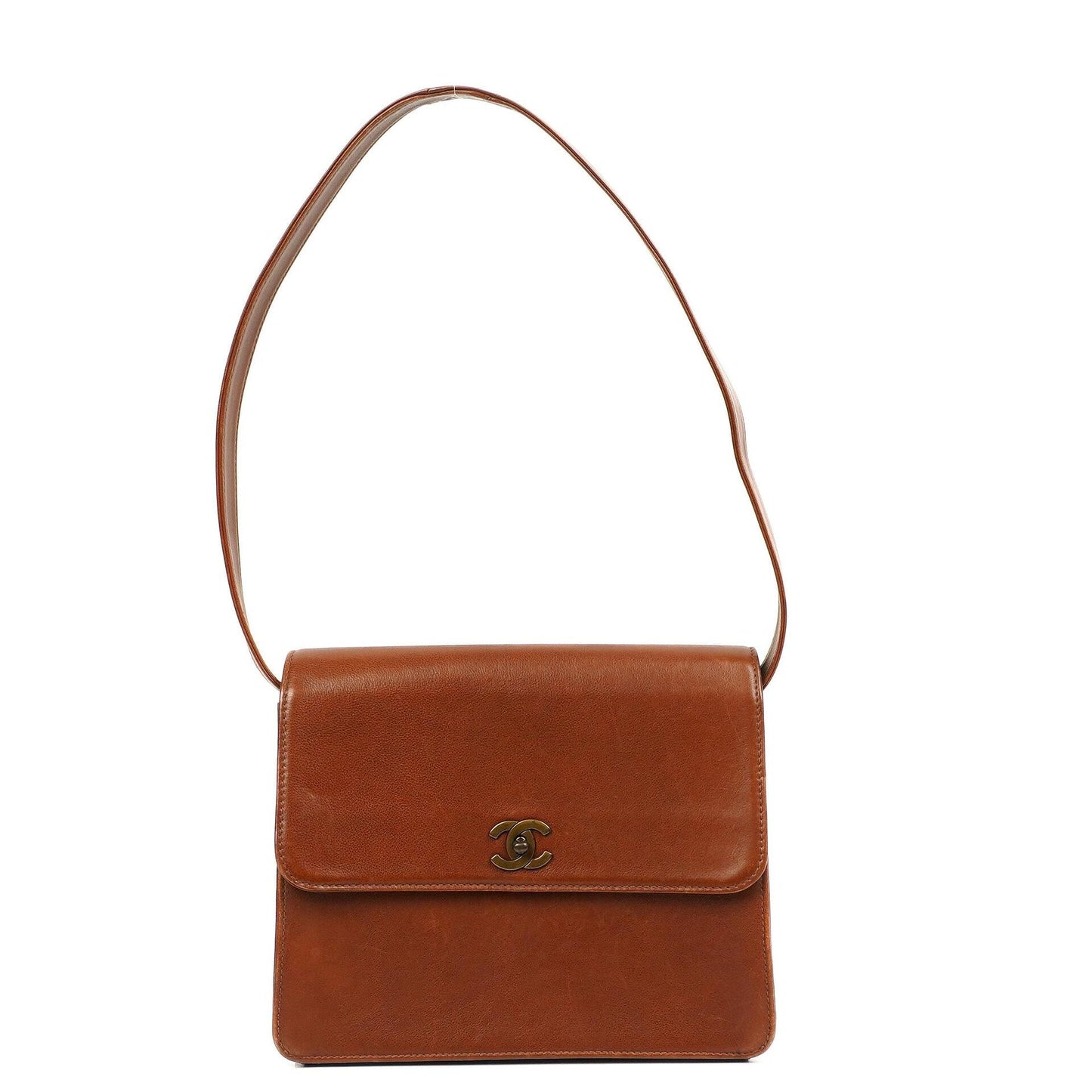 Chanel Braune Genarbte Kalbsleder Klapp Schultertasche mit Used Gold Beschlägen, 1996-1997