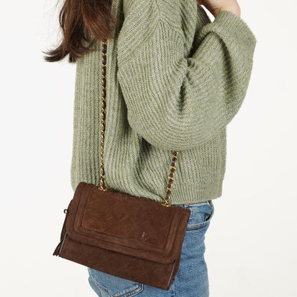 Chanel Braune Gestepptes Wildleder Quaste Klappentasche, 1989-1991