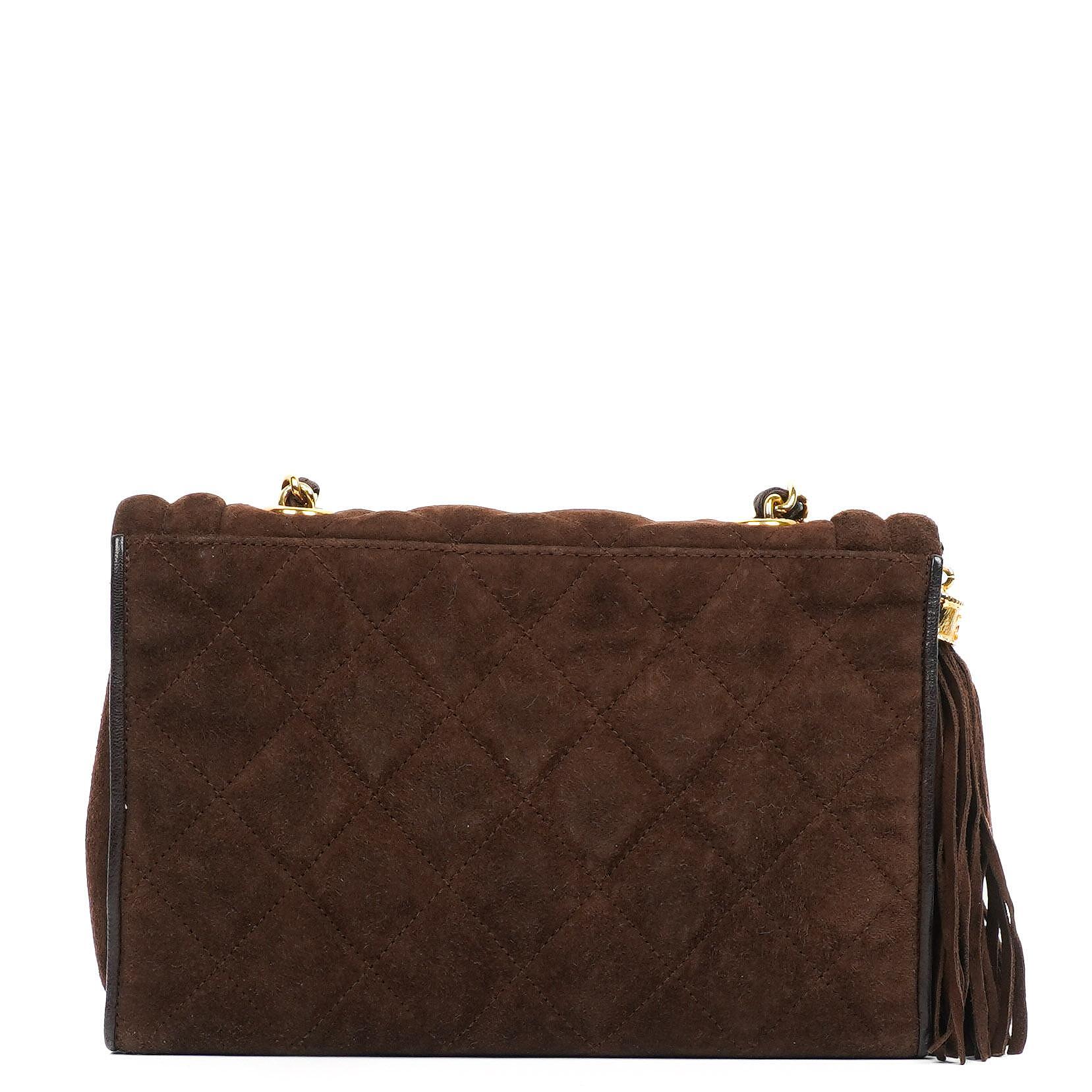 Chanel Braune Gestepptes Wildleder Quaste Klappentasche, 1989-1991