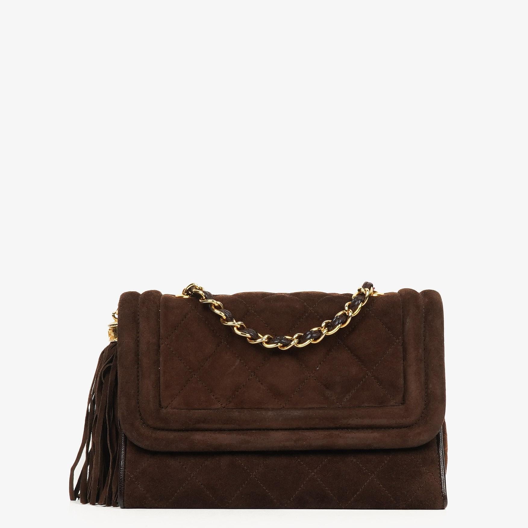 Chanel Braune Gestepptes Wildleder Quaste Klappentasche, 1989-1991