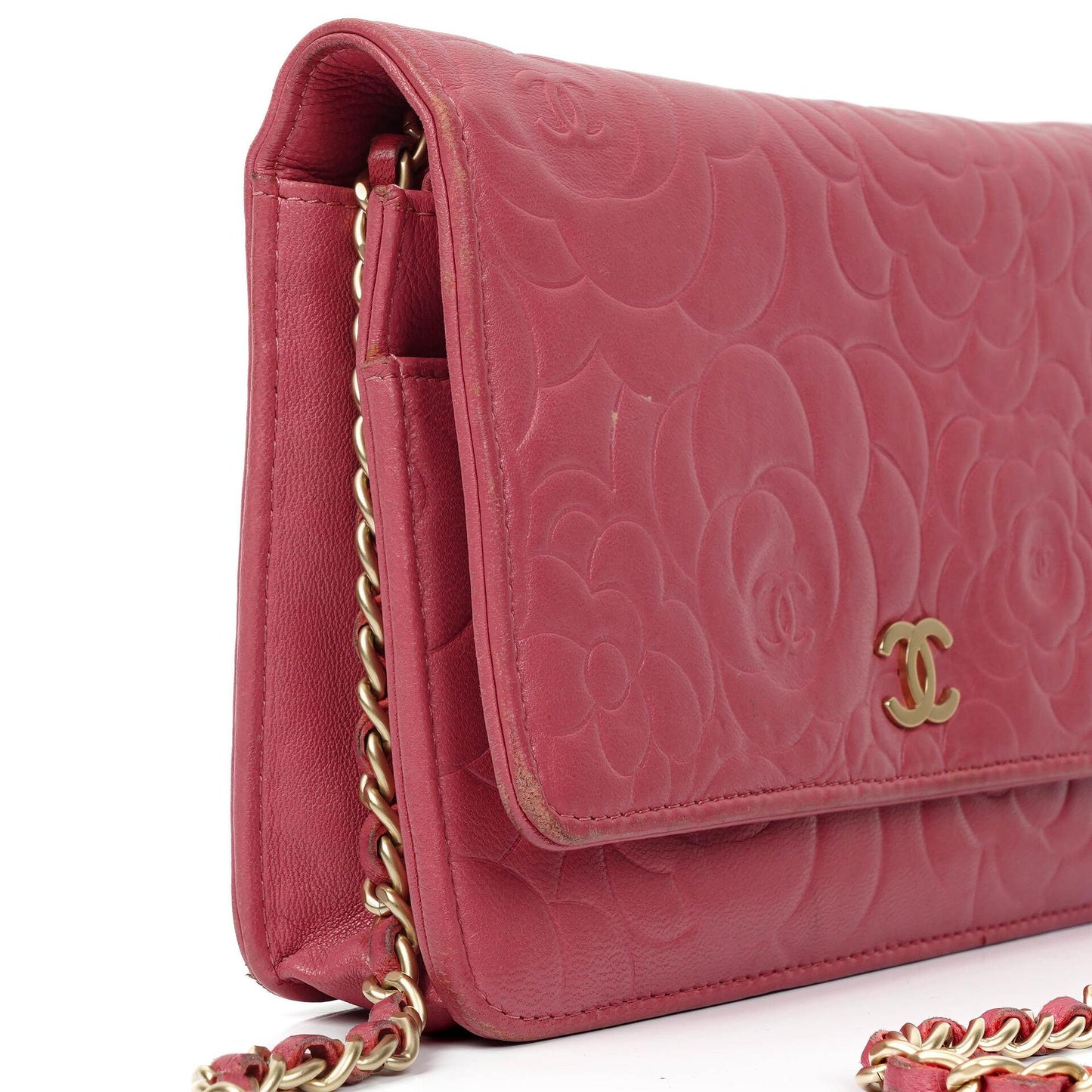 Chanel Camelia Wallet on Chain WOC aus pink geprägtem Lammleder