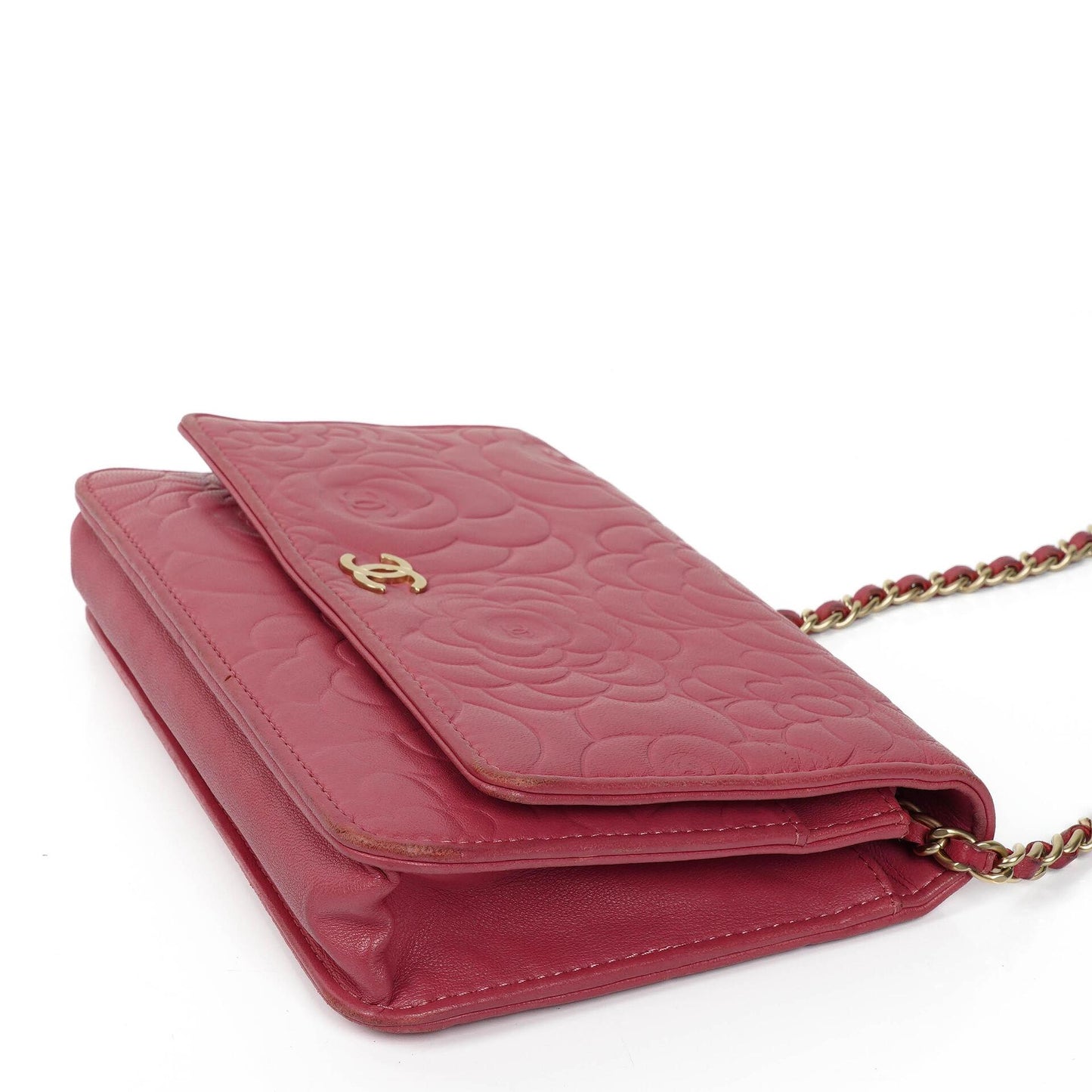 Chanel Camelia Wallet on Chain WOC aus pink geprägtem Lammleder