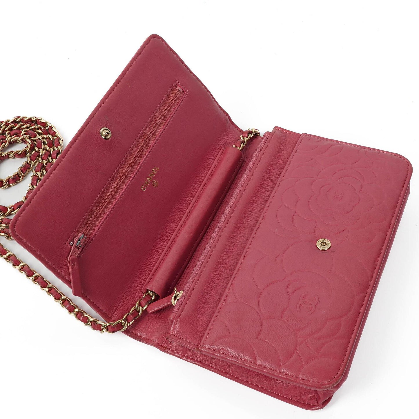 Chanel Camelia Wallet on Chain WOC aus pink geprägtem Lammleder