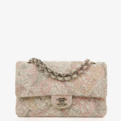 Chanel Camellia Limited Edition Print Tweed Mittelgroße Double Flap Tasche Silberfarbene Beschläge