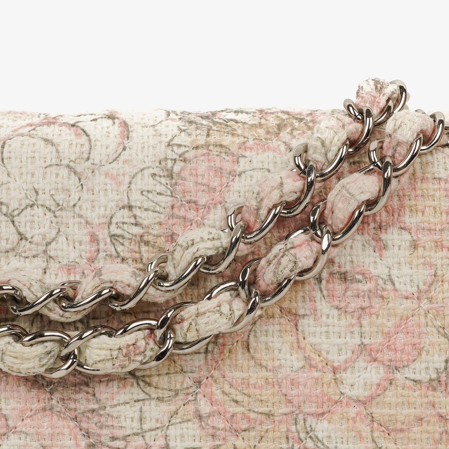 Chanel Camellia Limited Edition Print Tweed Mittelgroße Double Flap Tasche Silberfarbene Beschläge