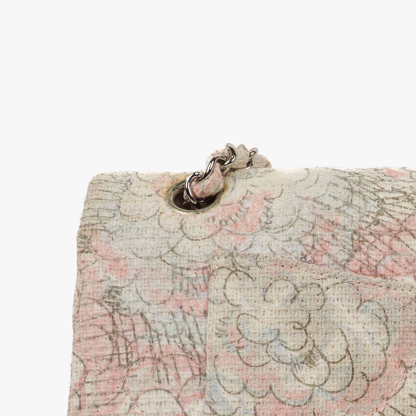 Chanel Camellia Limited Edition Print Tweed Mittelgroße Double Flap Tasche Silberfarbene Beschläge