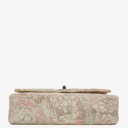 Chanel Camellia Limited Edition Print Tweed Mittelgroße Double Flap Tasche Silberfarbene Beschläge