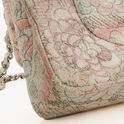 Chanel Camellia Limited Edition Print Tweed Mittelgroße Double Flap Tasche Silberfarbene Beschläge