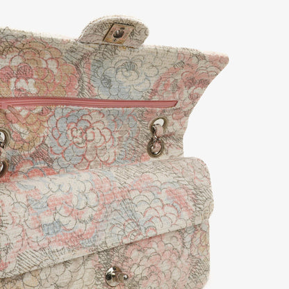 Chanel Camellia Limited Edition Print Tweed Mittelgroße Double Flap Tasche Silberfarbene Beschläge