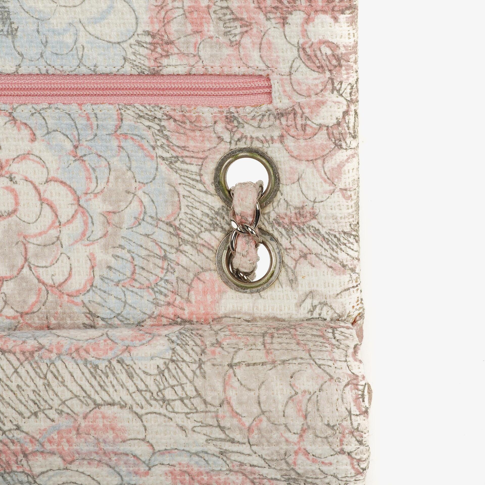 Chanel Camellia Limited Edition Print Tweed Mittelgroße Double Flap Tasche Silberfarbene Beschläge