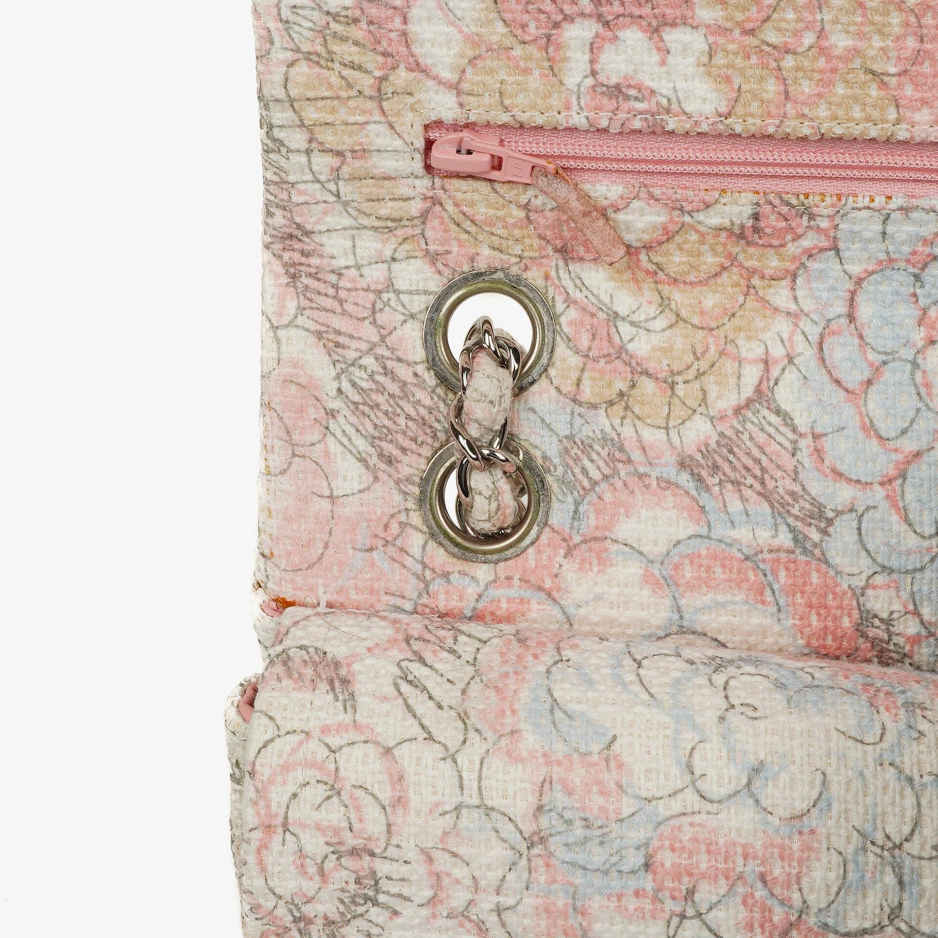 Chanel Camellia Limited Edition Print Tweed Mittelgroße Double Flap Tasche Silberfarbene Beschläge