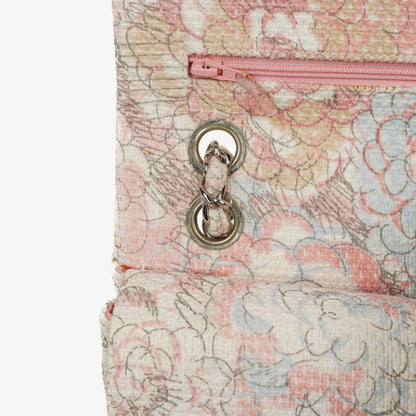Chanel Camellia Limited Edition Print Tweed Mittelgroße Double Flap Tasche Silberfarbene Beschläge