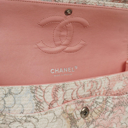 Chanel Camellia Limited Edition Print Tweed Mittelgroße Double Flap Tasche Silberfarbene Beschläge