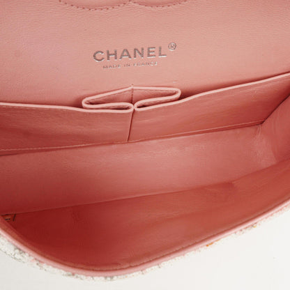 Chanel Camellia Limited Edition Print Tweed Mittelgroße Double Flap Tasche Silberfarbene Beschläge